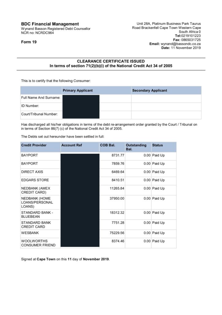Debt Review Clearance Certificate